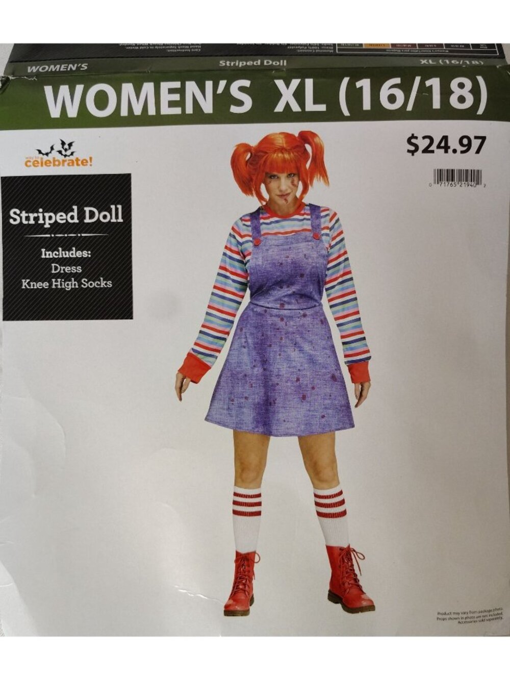Celebrate Womens XL 16/18 Striped Doll Halloween Costume Dress Splatter Dress